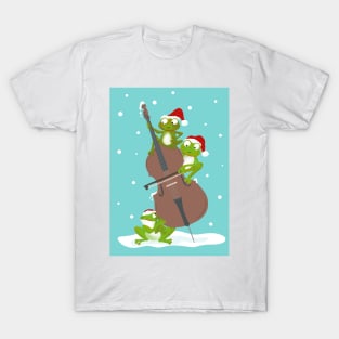 Three funny frogs playing the double bass in Santa hats T-Shirt